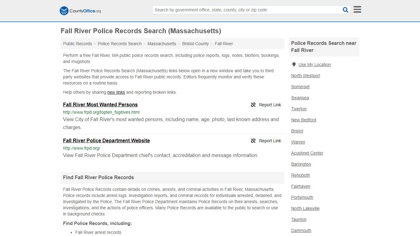 Fall River Police Records Search (Massachusetts) - County Office